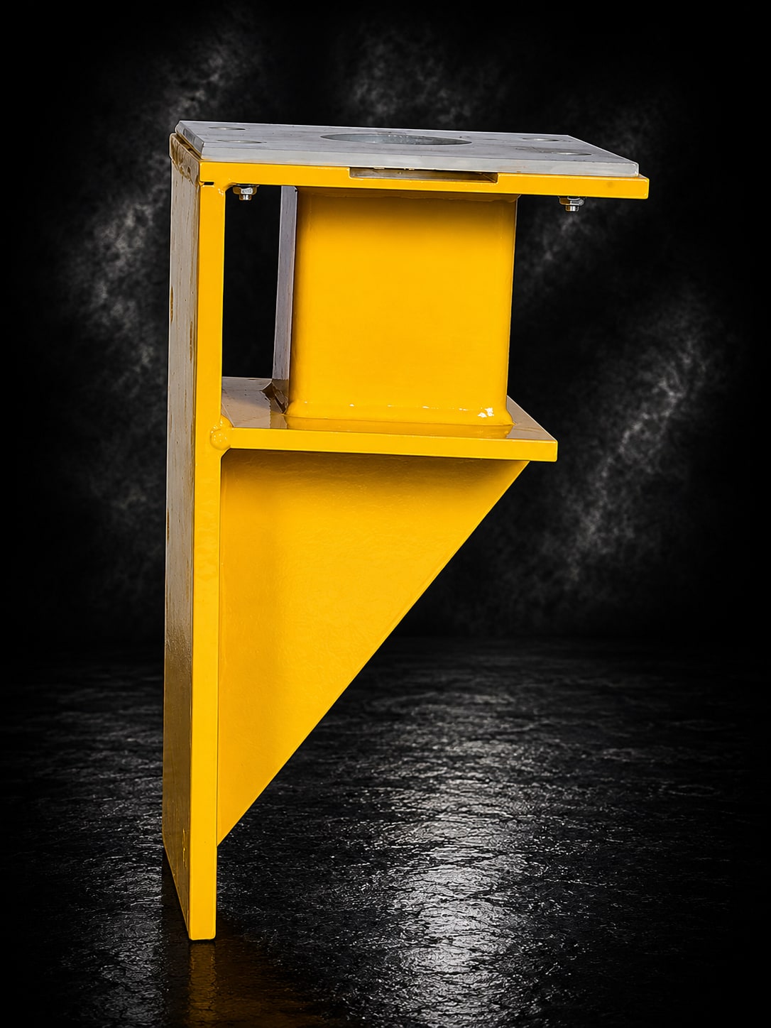 eme compact side mount socket — yellow L-bracket cantilever with triangular gusset