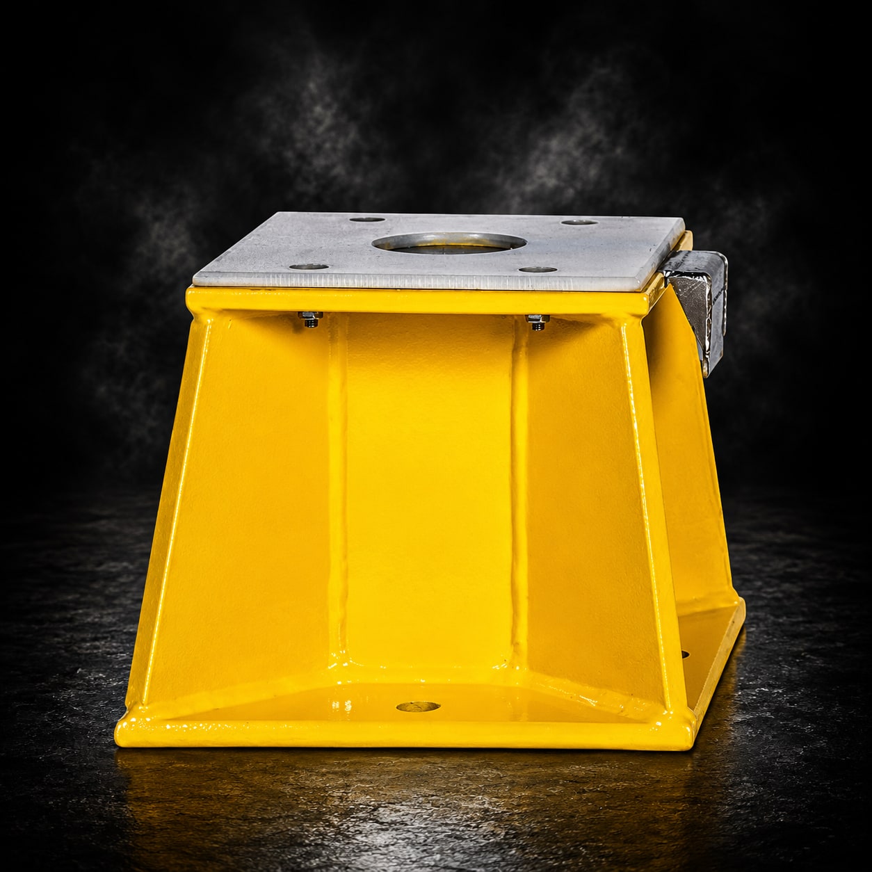 eme 8-inch top mount socket — yellow trapezoidal pedestal with steel top plate and socket bore